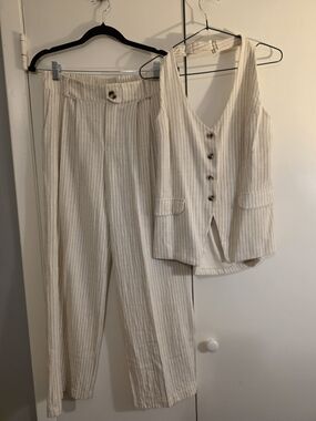 Cream Pinstripe Straight-Leg Pants with Matching Vest